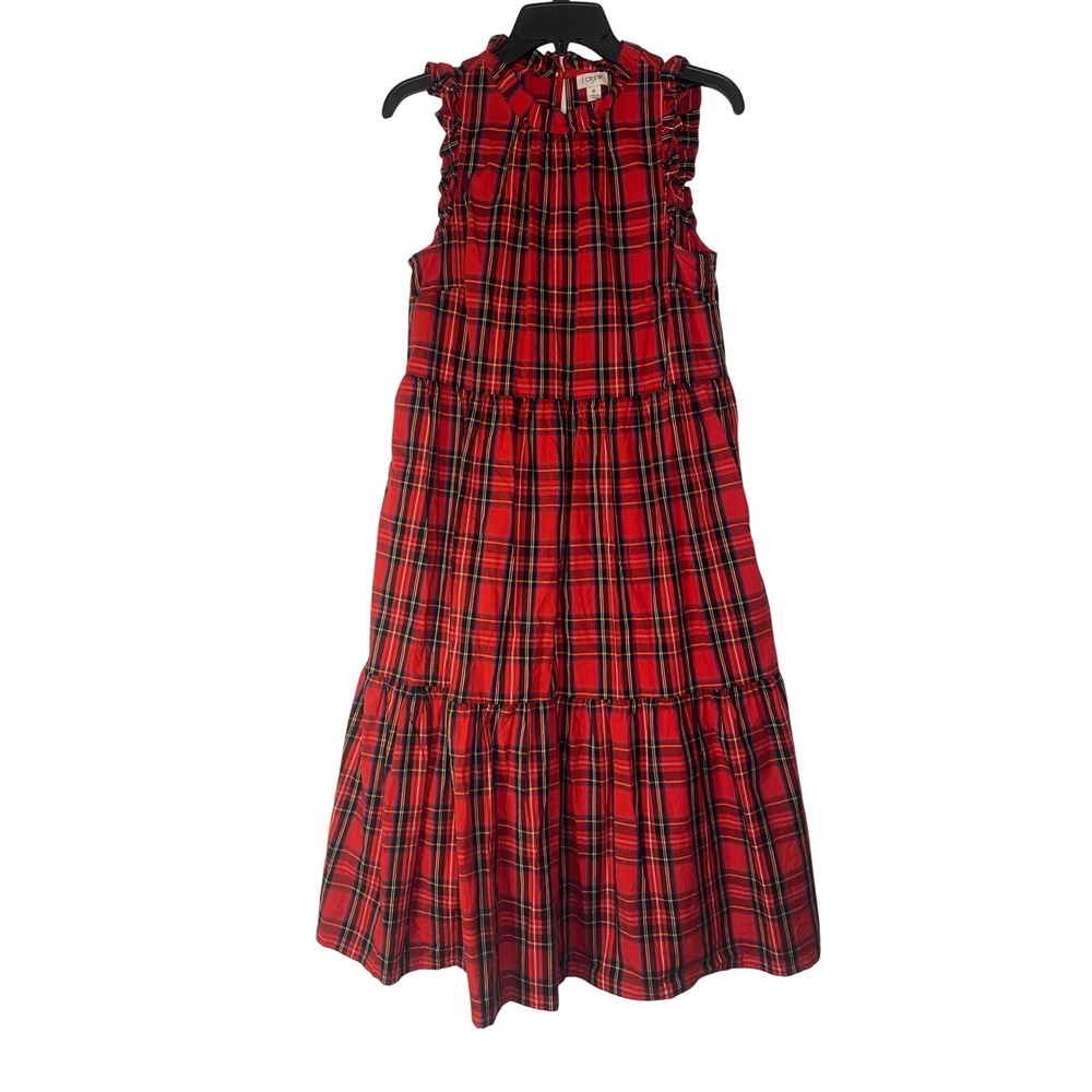 J. Crew Red Tartan Plaid Tiered Midi Dress Ruffle Neck Sleeveless Womens 6‎